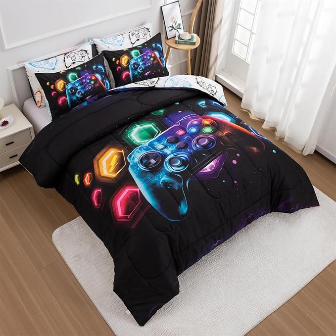 Aimuan Gamer Gaming Bedding Sets 3D Gamepad Comforter Sets for Boys Games Console Action Buttons Novelty Colorful Game Controller Modern Room Decor Home Quilt Set (Black-Multi, Queen 3PCS)