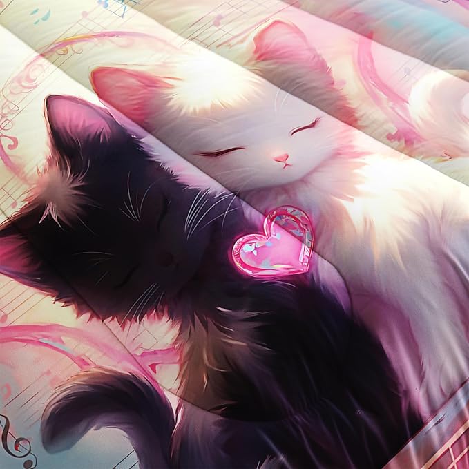 Cute Cat Comforter Set Queen Pink Black Cat Bedding Sets 3PCS for Kids Teen Adult Kawaii Room Decor Ultra-Soft Lightweight Microfiber 1 Comforter with 2 Pillowcases