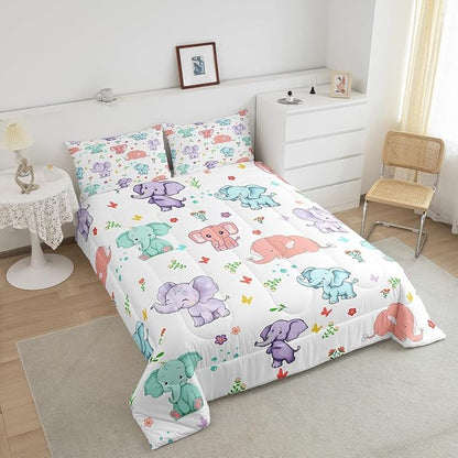 Cartoon Elephant Comforter Set for Kids,Watercolor Flowers Leaves Butterfly Bedding Sets Teens Cute Room Decor,Cute Wild Animal Elephants Duvet Set Quilt Set Twin 1 Comforter with 1 Pillow Case