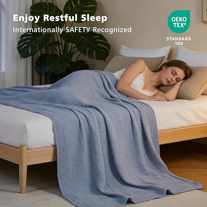EMME Cotton Muslin Queen Blanket Bed Layering Bedspread Coverlet Breathable Gauze Soft Lightweight Blankets (Heather Dusty Blue, 90"x90")