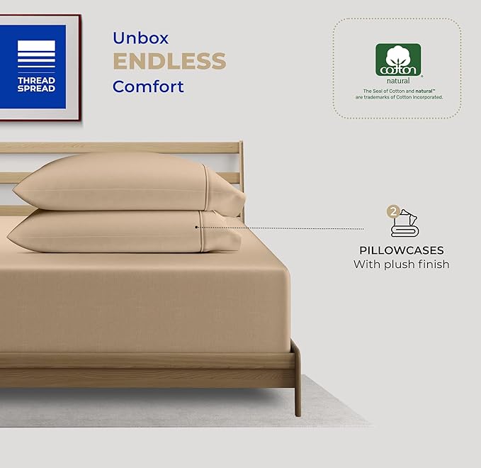 THREAD SPREAD 100% Cotton King Size Pillow Cases Set of 2 - Luxury 400 Thread Count Pillow Cases King Size (Taupe), Soft Cooling Breathable & Durable Sateen Weave Hotel Quality Cotton Pillowcases