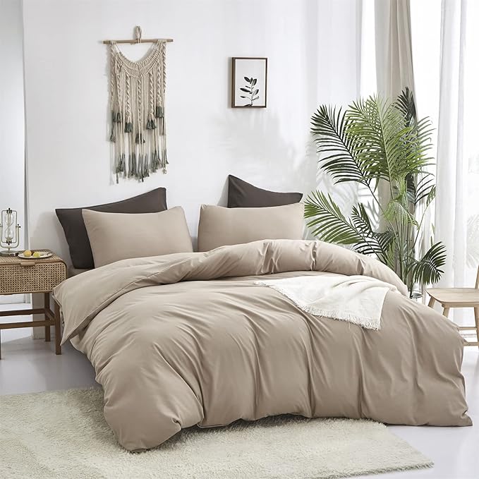 Cottonight Khaki Comforter Set Twin Cream Coffee Bedding Comforter Set Dark Champagne Solid Blanket Quilts Modern Soft Breathable Taupe 3 Piece Bedding Set for Women Men Adults Teens