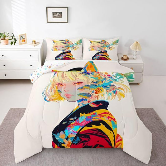 Erosebridal Anime Girl Bedding Cartoon Printed Twin Comforter Set for Kids Toddler Girls 3D Colorful Design Bedding Comforter Sets Super Soft Breathable Quilt for All Season,1 Comforter 1 Pillowcase