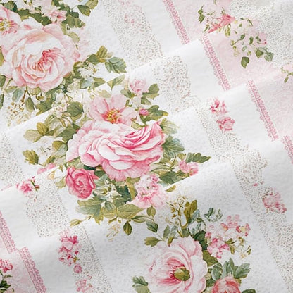 Queen Size Victorian Pink Rose Stripe Bedding Sets, 5Pcs Pink Rose Bed in A Bag, 1 Comforter (90"x90") and 2 Pillowcases, 1 Fitted Sheet, 1 Flat Sheet, 2 Pillow Shams