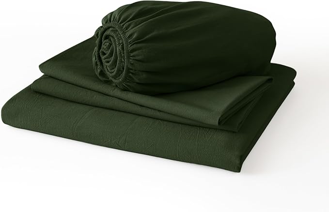 JIYUAN King Size Sheet Set, 4-Piece - 100% Washed Cotton, Linen-Like Soft & Breathable, Includes Deep Pocket Fitted & Flat Sheet with 2 Pillowcases, Hotel Quality, Solid Forest Green