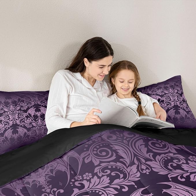 Feelyou Gothic Damask Print Comforter Set Queen Size Purple Goth Bat Victorian Floral Bedding Set for KidsBoho Bohemian Exotic Duvet Quilt Bedroom Decor Microfiber 3 Pcs with 2 Pillow Cases