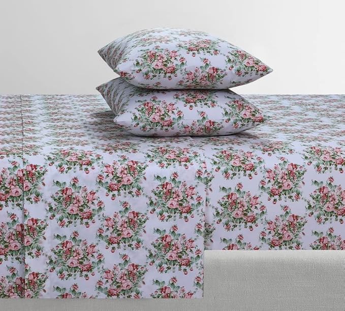 Feather & Stitch Softest 100% Cotton Sheets, 300 Thread Count Percale Weave Bedding, 16" Deep Pocket, Cooling Sheets, Breathable Bed Set, Hotel Premium Quality (King, Floral)
