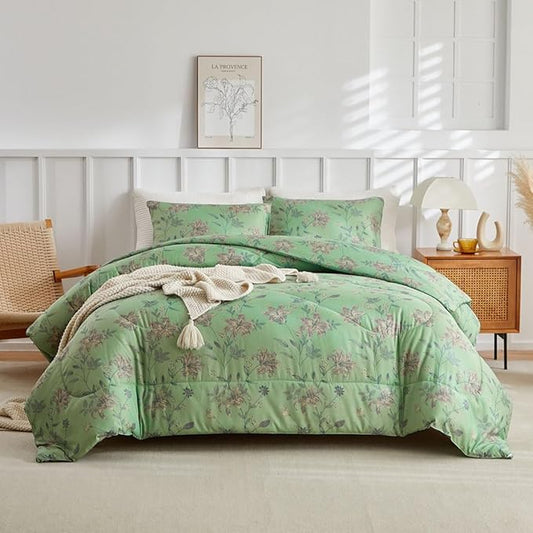 VM VOUGEMARKET Green Floral Bedding Twin XL Comforter Sets Soft Microfiber Vintage Garden Flower Bedding Comforter Set 1 Comforter & 2 Pillowcases Chic Botanical Comforter Set for Girls