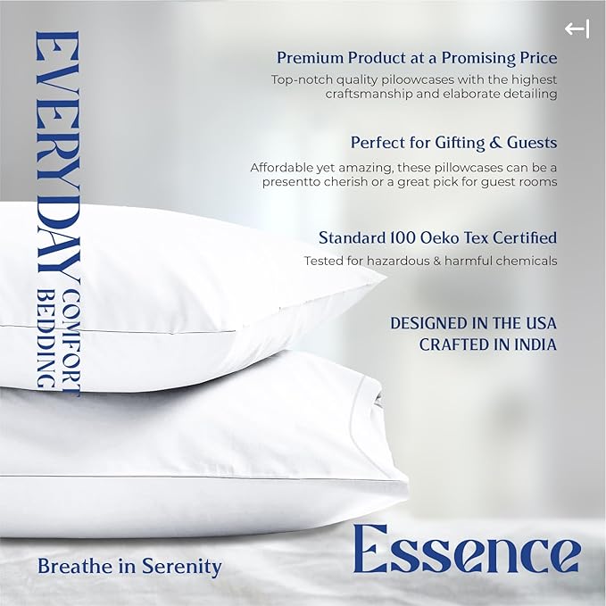 Mayfair Linen 100% Organic Cotton Percale Pillow Cases Queen/Standard Size Set of 4 - Percale Pillowcovers Standard/Queen (White, 2 Pair), Soft Pillow Case for Sleeping, Cotton Pillowcases