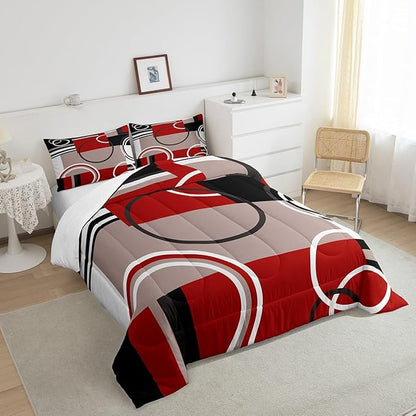 Erosebridal Modern Red Grey Black Stripes Comforter Set Geometric Down Comforter King Size Retro Circle Swirls Bedding Set Bedroom Decor Modern Abstract Texture Color Art Quilt Set