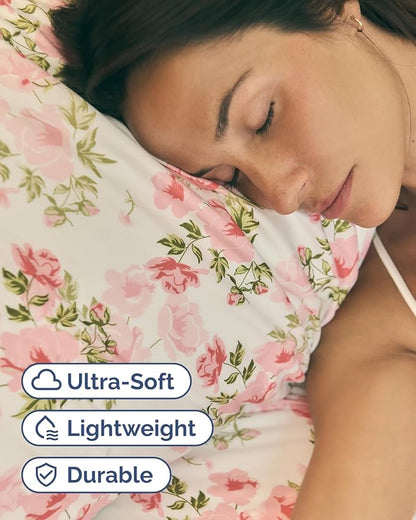 Floral Sheets - Pink Floral Bed Sheet Set - 1 Flat, 1 Fitted & 2 Pillowcases w/ Deep Pockets - Comfy, Wrinkle & Fade Free - Boho Botanical Bedding - Ultra-Soft, Breathable & Cooling - Full Size Set