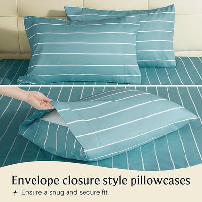 LuxClub 4 PC Cal King Size Sheet Set, Breathable Luxury Bed Sheets, Deep Pockets 18" Wrinkle Free Cooling Machine Washable Hotel Bedding (Striped Light Blue)