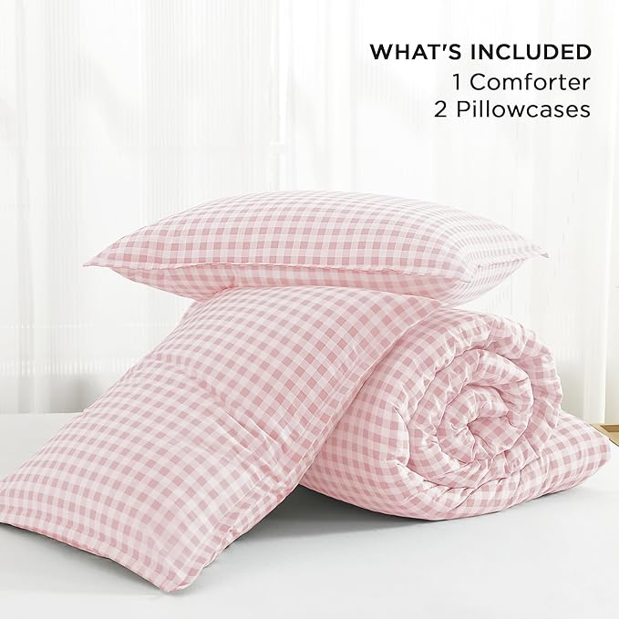 Andency Pink Gingham Comforter Set Full(79x90Inch), Blush Checkered Grid Plaid Buffalo Bed Set for Girls Boys Kids Teens, 3 Pieces Lightweight Polyester Geometric Preppy Bedding