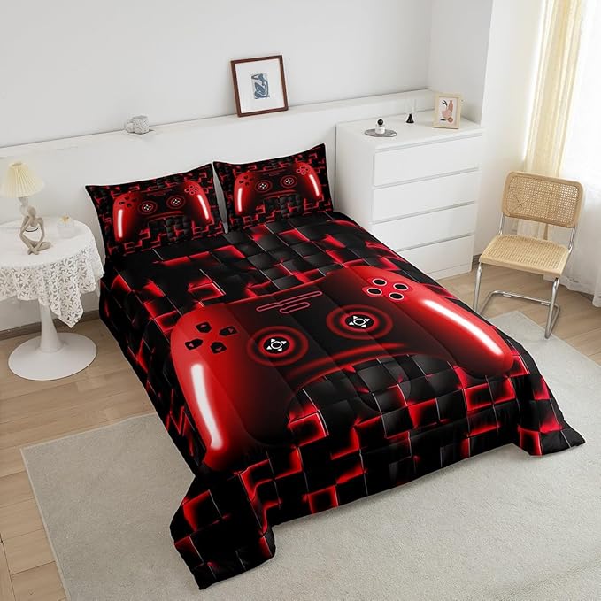 Erosebridal Full Gaming Bedding Sets for Boys Red Game Console Kids 3D Black Gamer Comforter Set with 2 Pillowcases for Boys Girls Teen Lightweight Geometric Gamepad Bedroom Set(Red, Full)