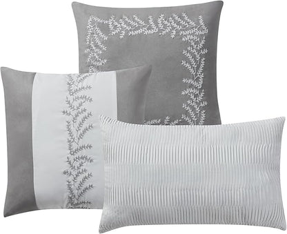 Queen Comforter Set 7-Piece Embroidered Faux Suede Bedding – Soft, Elegant & Complete Bedding Set with 1 Comforter, 2 Pillow Shams, 1 Bed Skirt, and 3 Decorative Throw Pillows, Queen, Gray