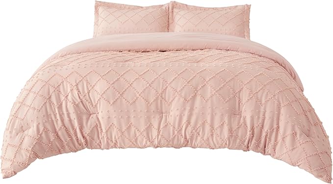 Bedsure Oversized Queen Comforter Set - Coral Pink Comforter, Boho Tufted Shabby Chic Bedding for Kids, 3 Pieces Vintage Farmhouse Bed Set for All Seasons, Fluffy Soft Bedding with 2 Pillow Shams