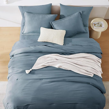 WRENSONGE Full Size Comforter Sets, 7 Pieces Oxford Blue Bed in a Bag with Fitted Sheet, Flat Sheet, 2 Pillow Shams, 2 Pillowcases, Warm Bedding Sets for All Season