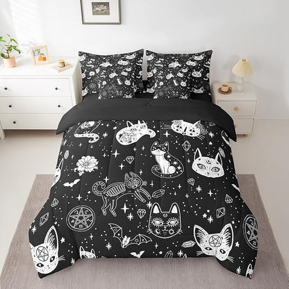 Castle Fairy Bohemia Cat Comforter Set King Size,Gothic Cats Bats Skull Bed Set 7pcs with Comforter,Fitted Sheet,Flat Sheet,2 Pillowcases,2 Throw Pillow Covers,Glitter Star Diamond Bedding Set