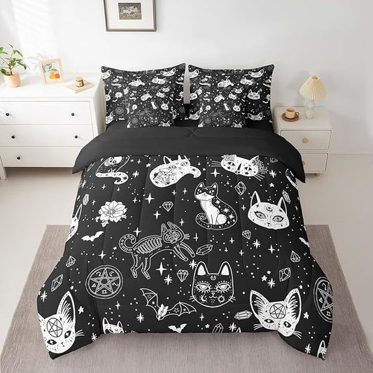 Castle Fairy Bohemia Cat Comforter Set King Size,Gothic Cats Bats Skull Bed Set 7pcs with Comforter,Fitted Sheet,Flat Sheet,2 Pillowcases,2 Throw Pillow Covers,Glitter Star Diamond Bedding Set