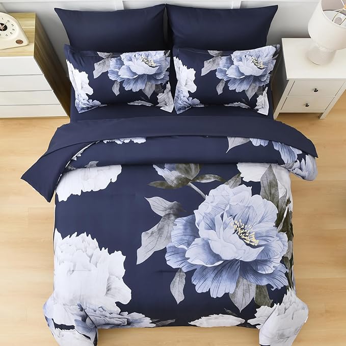 Dobuyly Navy Blue King Size Comforter Set 7 Piece Bed in a Bag, Floral Comforter Set with Sheets, Soft Microfiber Botanical Flowers Complete Bedding Set for All Season