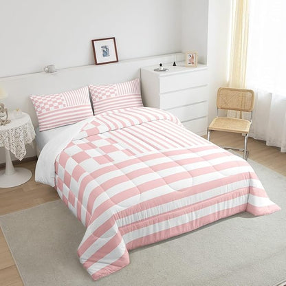 Pink Check Comforter Set Fashion Buffalo Plaid Bedding Set Modern Simple Style Bedding Home Decor Pink Stripes Geometric Comforter Twin Size Quilted Duvet Set 1 Comforter with 1 Pillowcase