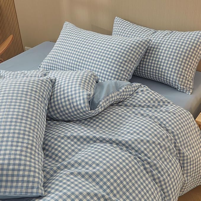 Nayoroom Blue Gingham Duvet Cover Queen Size 100% Washed Cotton Duvet Cover 3 Pieces Soft Breathable Yarn-Dyed Plaid Checkered Girls Dorm Bedding Set for All Seasons
