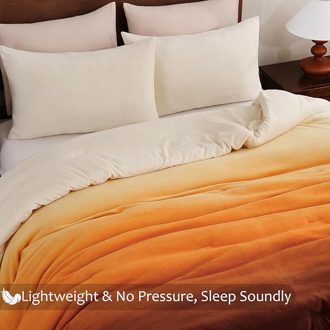 Bedbay Orange Gradient Plush Fleece Comforter Set Queen Size Ultra Soft Velvety Bedding Thick Warm Cozy Winter Quilt with 2 Pillowcases Luxury Sunset Ombre Fluffy Bed Set for All Seasons