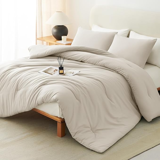 CozyLux Beige Queen Comforter Set, 3 Pieces Boho Solid Breathable Quilted Style Bedding Sets, Luxury Fluffy Soft Bed Set with Down Alternative Comforter for All Season (1 Comforter & 2 Pillowcases)