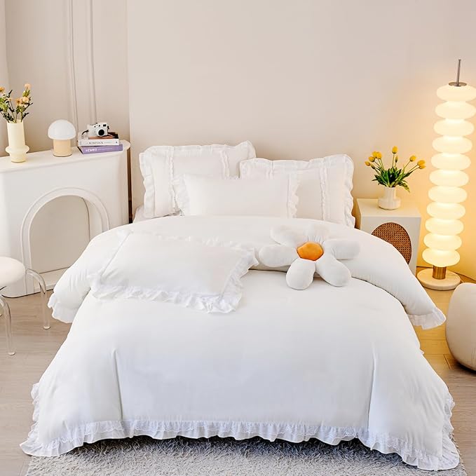 MOOWOO Chic Ruffle Lace Polyester Duvet Cover Set -Girl White Bedding-2 Piece Twin Comforter Duvet Cover with Zipper Closure -Ultra Soft and Light Weight(White, Twin)-NO Including Comforter