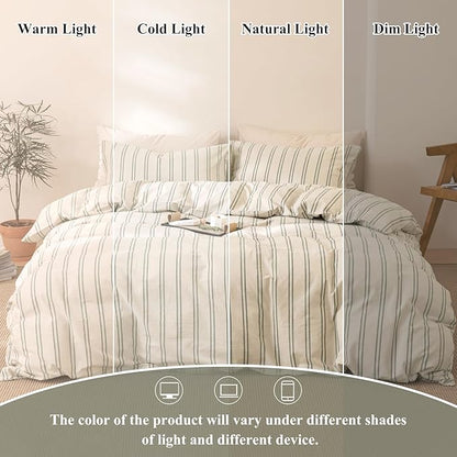 VM VOUGEMARKET Striped Duvet Cover Set Queen Beige 100% Washed Cotton Bedding Set,Grey Green Vertical Ticking Stripes Pattern Comforter Cover with Zipper Closure (3pcs, Queen Size)