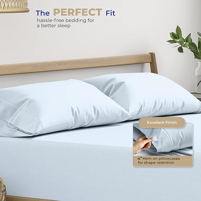 THREAD SPREAD 100% Cotton Pillow Cases Queen Size Set of 2 - Luxury 400 Thread Count Queen Pillow Cases (Light Blue), Soft Cooling Breathable Hotel Quality Cotton Pillowcases, Fits Standard Pillows