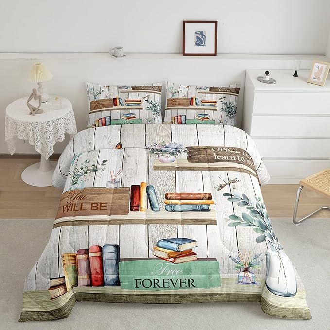 Watercolor Books Twin Size Down Comforter Set,Reading Time Girls Women Duvet/Quilt Set Soft Bed Collection,Rustic Farmhouse Style Floral Leaves Bedding Comforter for Boys Girls Bedroom,2 Pcs