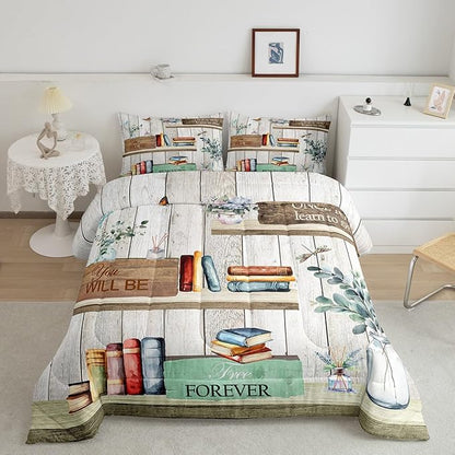 Watercolor Books Twin Size Down Comforter Set,Reading Time Girls Women Duvet/Quilt Set Soft Bed Collection,Rustic Farmhouse Style Floral Leaves Bedding Comforter for Boys Girls Bedroom,2 Pcs