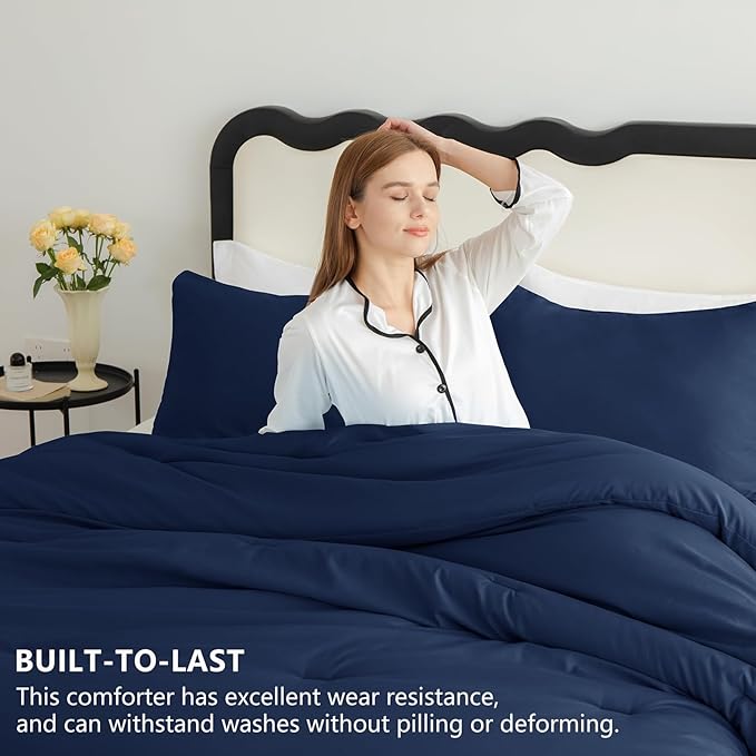 CozyLux Navy Blue Full Size Comforter Set, 3 Pieces Solid Breathable Quilted Style Bedding Sets, Luxury Fluffy Soft Bed Set with Down Alternative Comforter for All Season (1 Comforter & 2 Pillowcases)
