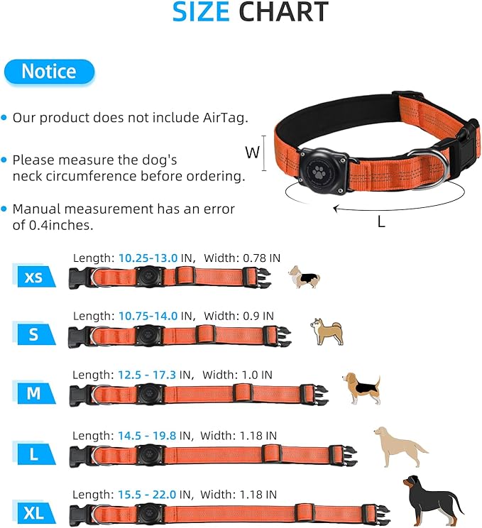 Upgrade Dog Collar with AirTag Holder, IP68 Waterproof, Orange, M | Built-in Water Resistant AirTag holder, 1000D Nylon, Reflective Stitching for Night Visibility, Soft padding for Comfort
