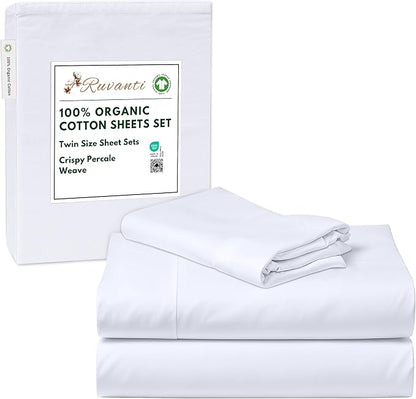 RUVANTI 100% Organic Cotton Sheets Twin Size, Percale Weave, GOTS Certified, 3-Piece Set, Deep Pocket 15", Crisp & Breathable, Soft Durable Bedding, Sábanas Algodón Orgánico – Bright White