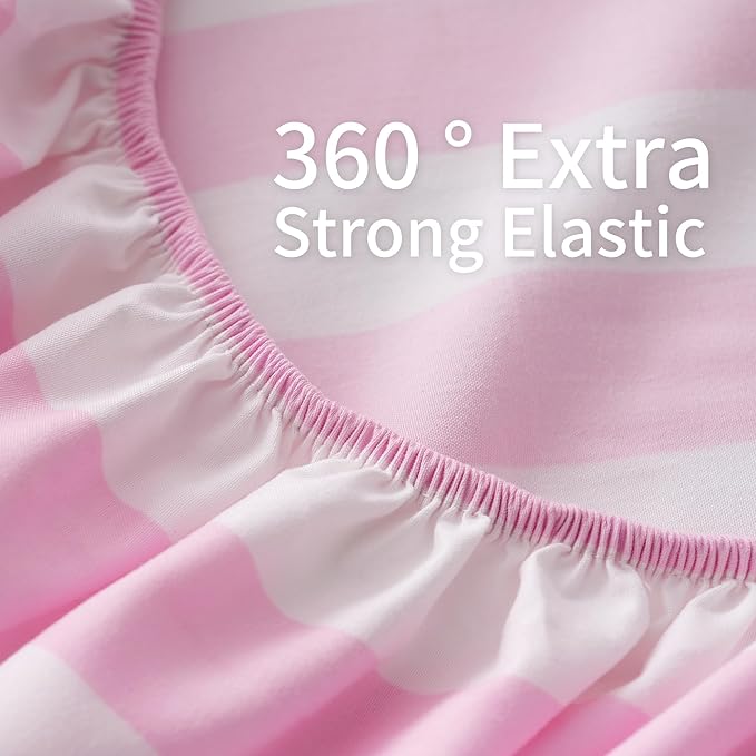Queen Size Sheet Set 4 Piece -Pinstripe Microfiber Soft Durable Bedding Sheet Set,Deep Pocket,Stain,Fade & Wrinkle Resistant (Stripe Pink&White)