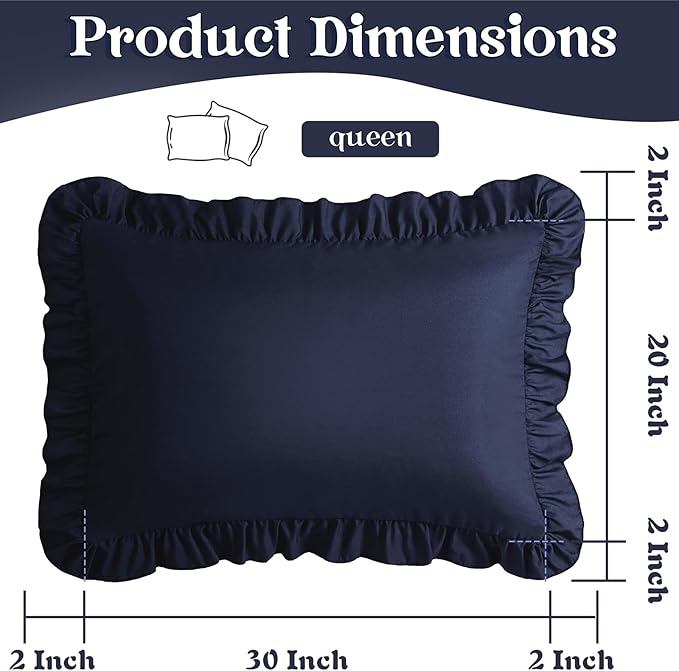KKJIAF Ruffle Pillow Cases Queen Size Set of 2, Ruffled Pillow Covers with Envelope Closure, Wrinkle Resistant Ruffled Pillow Shams 20" x 30", Navy Blue
