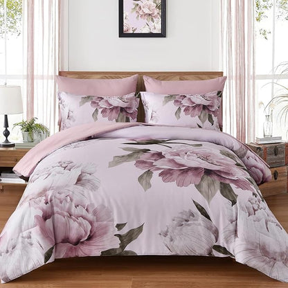 Dobuyly Pink King Size Comforter Set 7 Piece Bed in a Bag, Blush Floral Printed on Light Pink Comforter Set with Sheets, Soft Microfiber Botanical Flower Bedding Set for All Season