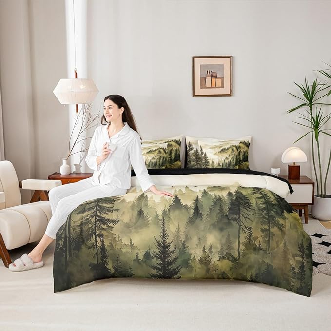 Erosebridal Yellow Misty Forest Full Bedding Set 7 Piece Mountain Foggy Woodland Bed in A Bag with Sheets Rustic Pine Tree Comforter Set for Kids Adults,Watercolor Nature Theme Bed Sets