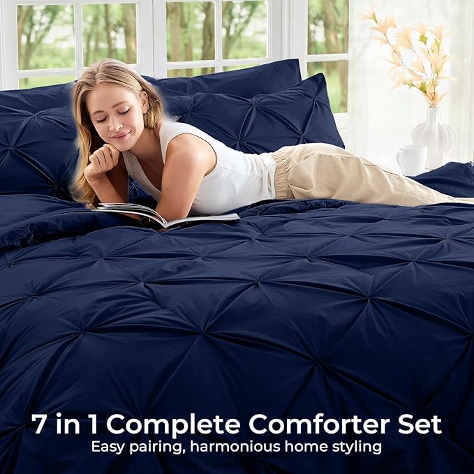 Sasttie Twin XL Comforter Set, 5-Piece Bed in a Bag, Pintuck Bedding Sets for All Season, Includes Comforter, Flat Sheet, Fitted Sheet, Pillowcase and Pillowsham, Navy