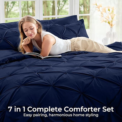Sasttie California King Comforter Set, 7-Piece Bed in a Bag, Pintuck Bedding Sets for All Season, Includes Comforter, Flat Sheet, Fitted Sheet, Pillowcases and Pillowshams, Navy Blue