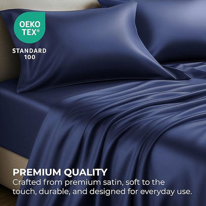 Satin Sheets California King [4-Piece, Midnight Blue] Hotel Luxury Silky Bed Sheets - Soft Microfiber Sheet Set, Wrinkle, Fade, Stain Resistant - Deep Pocket Fitted Sheet, Flat Sheet, Pillow Cases
