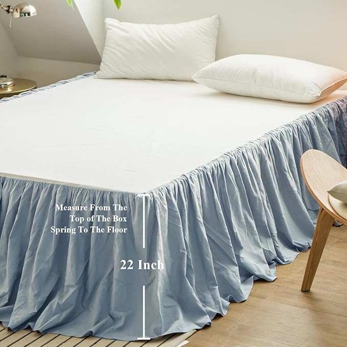 BISELINA French Linen Bed Skirt with Pleated Frills 22-Inch Tailored Drop Natural Flax Cotton Blend Dust Ruffle Soft Cozy Farmhouse Bedding (22" King, Dusty Blue)