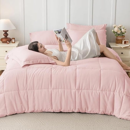 JOLLYVOGUE Twin XL Comforter Set, Ultra-Soft Bed in a Bag Twin XL Size 5 Pieces, Oeko-TEX Certified Bedding Set with Down Alternative Comforter, Sheets, Pillowcases & Shams, Blush Pink