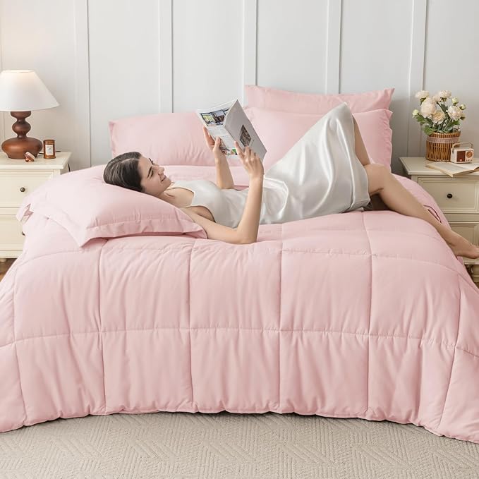 JOLLYVOGUE California King Comforter Set, Ultra-Soft Bed in a Bag Cal King Size 7 Pieces, Oeko-TEX Certified Bedding Set with Down Alternative Comforter, Sheets, Pillowcases & Shams, Blush Pink