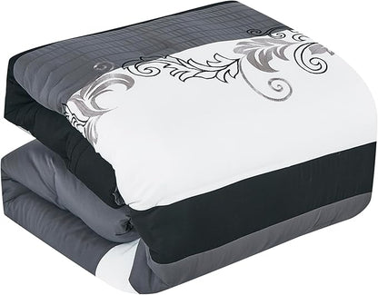 Chezmoi Collection Napa 7-Piece Luxury Leaves Scroll Embroidery Bedding Comforter Set (Queen, Black/Gray/White)