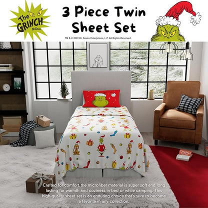 Collectibles Dr. Seuss The Grinch Holiday & Christmas Bedding Super Soft Microfiber 3 Piece Twin Sheet Set, (Officially Licensed Product) by Franco