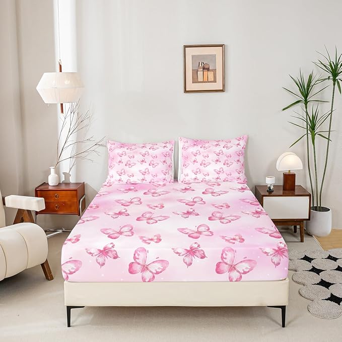Erosebridal Pink Butterfly Twin Bed Sheets 3D Pink Dreamy Butterfly Fitted Sheet,Colorful Ink Stick Printing Kids Bedding Sets All Season Microfiber Sheets with 1 Pillowcase