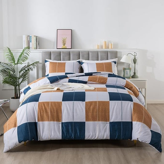 Caressma Plaid Checkered Comforter Set Navy Blue and Gray, Fluffy Brown Geometric Grid Buffalo 3 Pieces Comforter Set Queen with Two Matching Pillow Shams